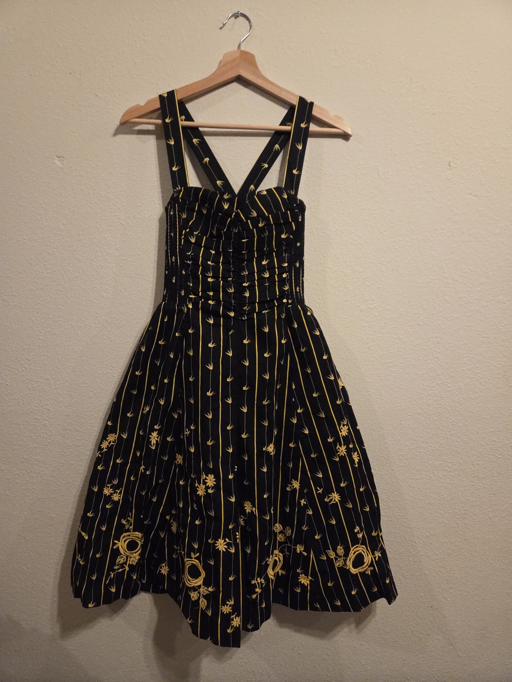 Anthropologie Black Midi Dress with Yellow Floral Pinstripes